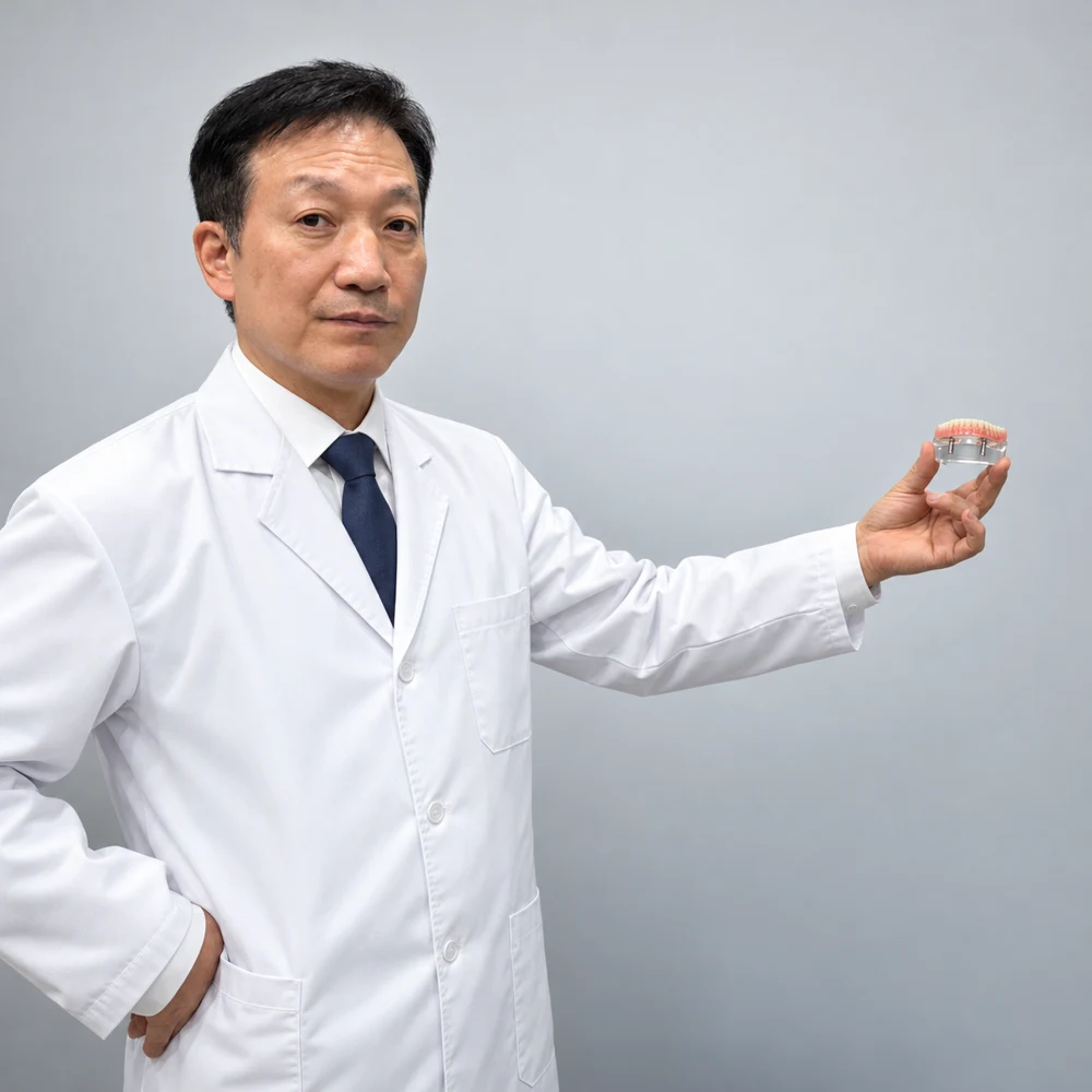 이강 원장이 임플란트 틀니 모형을 들고 설명하는 모습